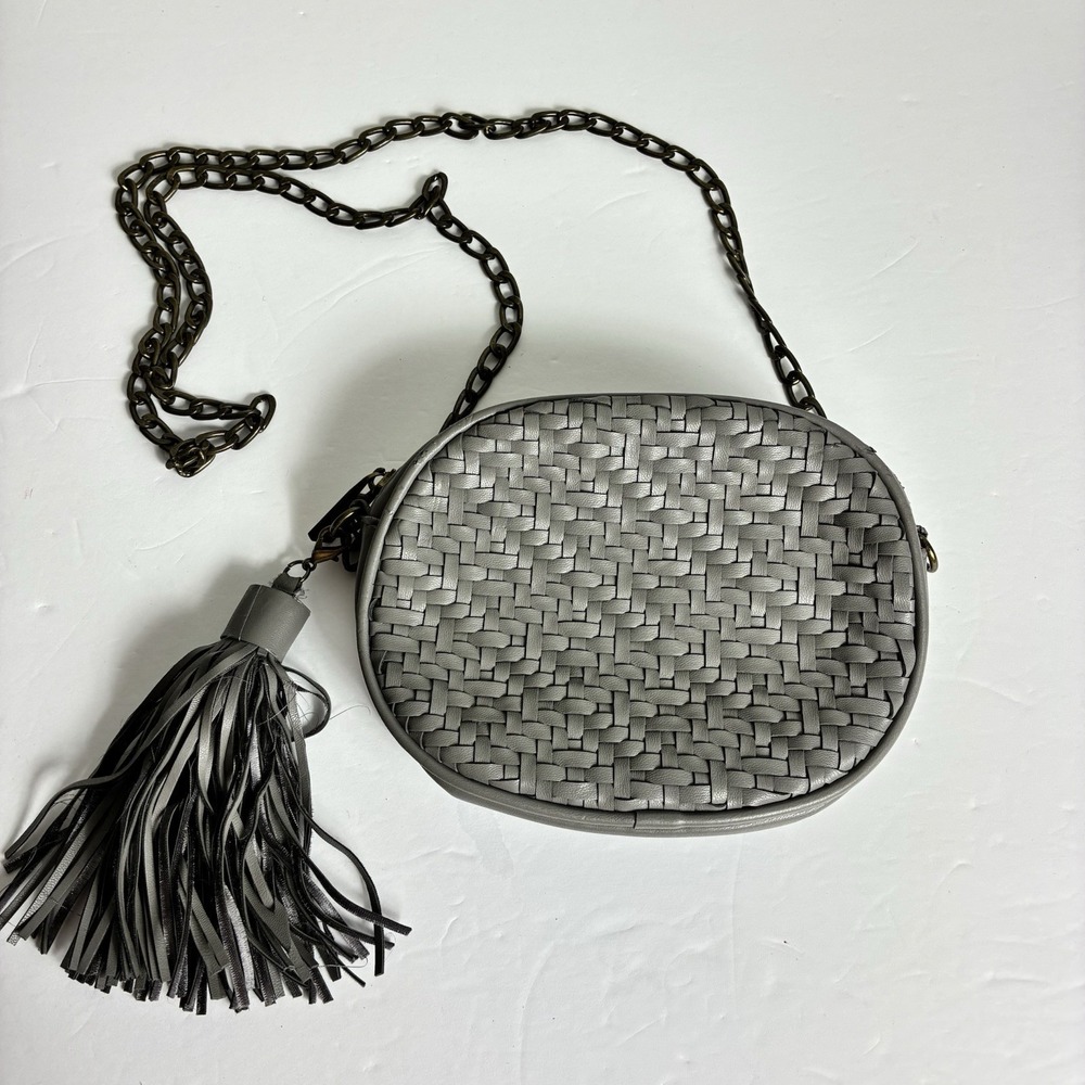 Anthropologie Woven Oval Crossbody Bag Gray Boho Festival Casual Artsy Western